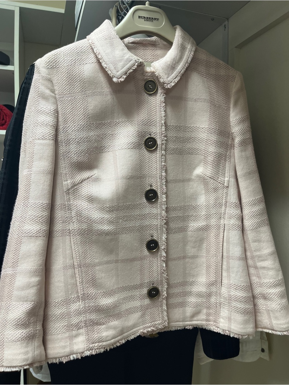Burberry London Pale Pink Plaid Tweed Fringe-Trim Luxury Blazer Jacket Size 4